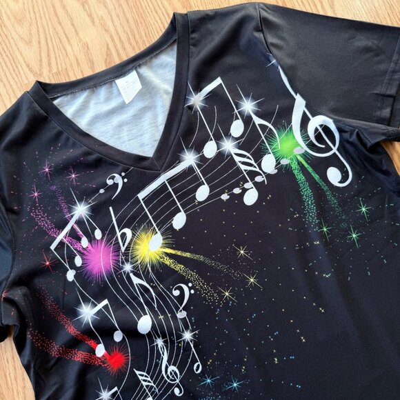 Music Note Graphic Top Size XL Black Short Sleeve Performance Tee V Neck - Picture 7 of 9